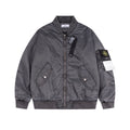 Stone Island dark gray bomber jacket with zip front and ribbed collar, cuffs