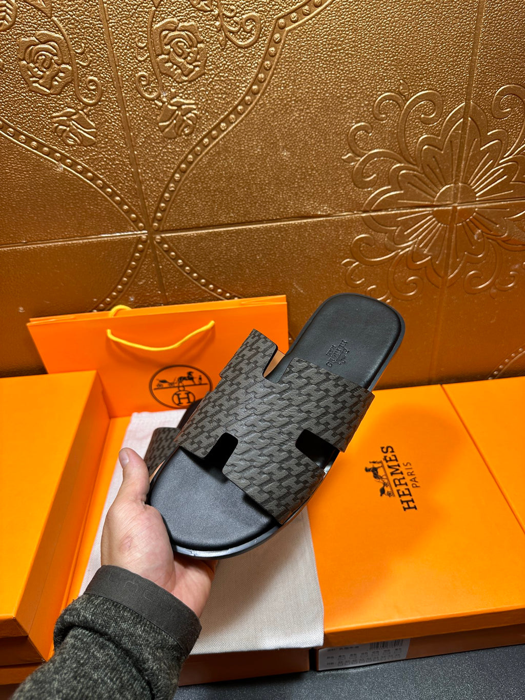 Hermes slide sandal on fabric, gray monogram-pattern strap with black footbed