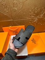 Hermes slide sandal on fabric, gray monogram-pattern strap with black footbed