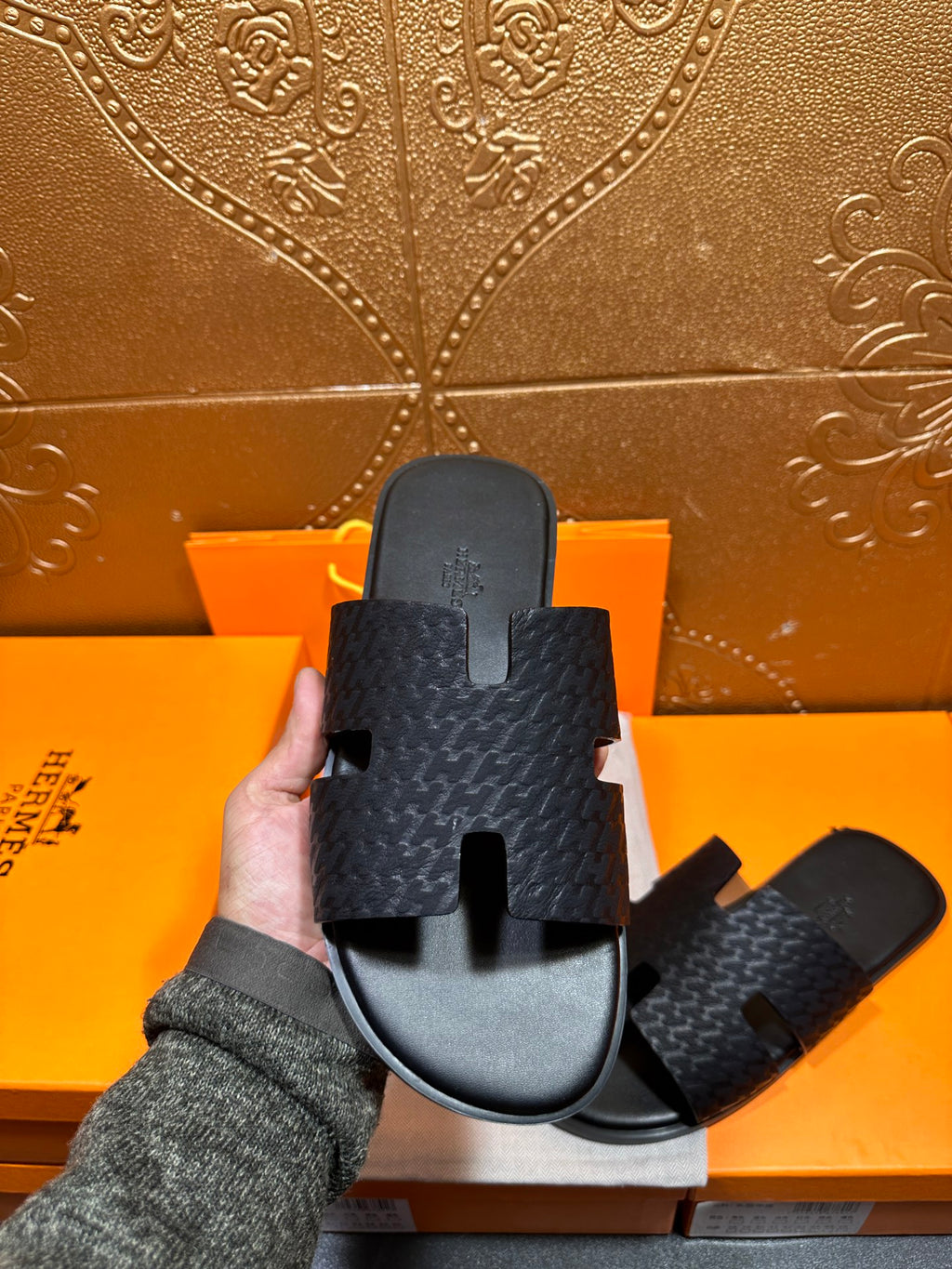 Hermes slide sandals, dark gray textured upper with toe strap cutout and contoured footbed