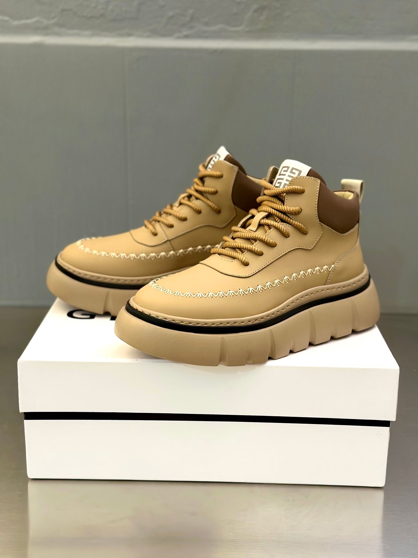 Givenchy lace-up sneakers, tan leather with beige laces and chunky platform sole