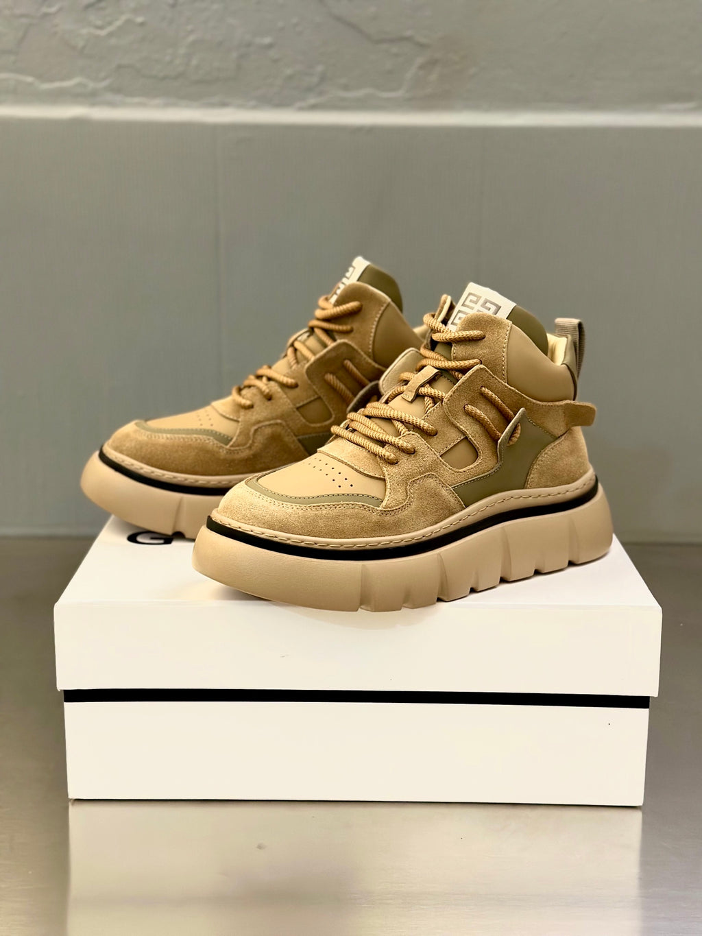 Givenchy lace-up sneakers in tan suede with contrasting laces and thick sole