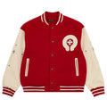 Red and cream varsity jacket with button front and striped ribbed trim