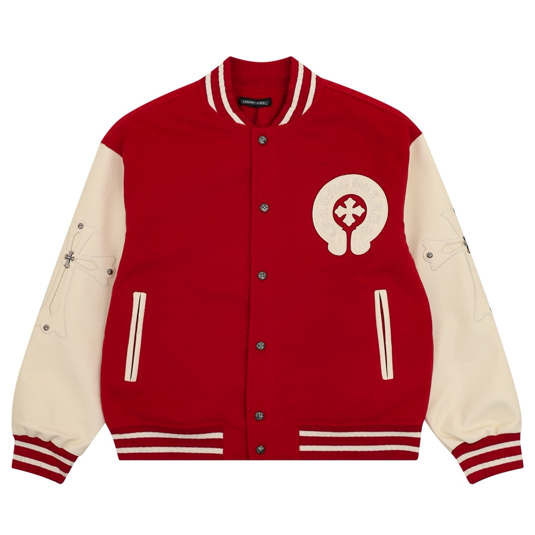 Red and cream varsity jacket with button front and striped ribbed trim