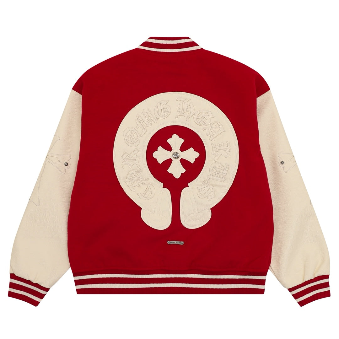 Red and cream varsity jacket back with large logo patch and striped hem