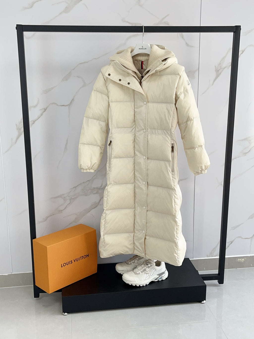 Moncler long puffer coat, cream with full-length front zip and hood