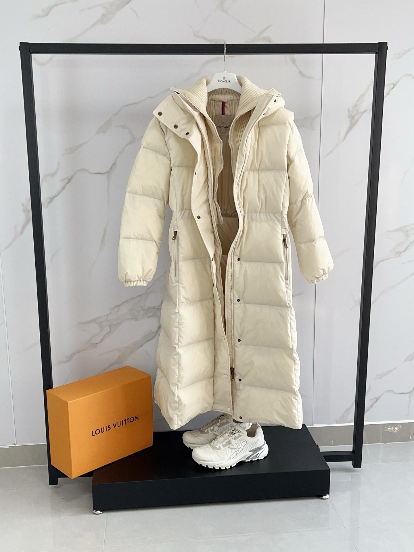Moncler long puffer coat, cream, open front detail with hood and lining