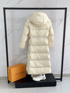 Moncler long puffer coat, cream, back view with hood and padded yoke