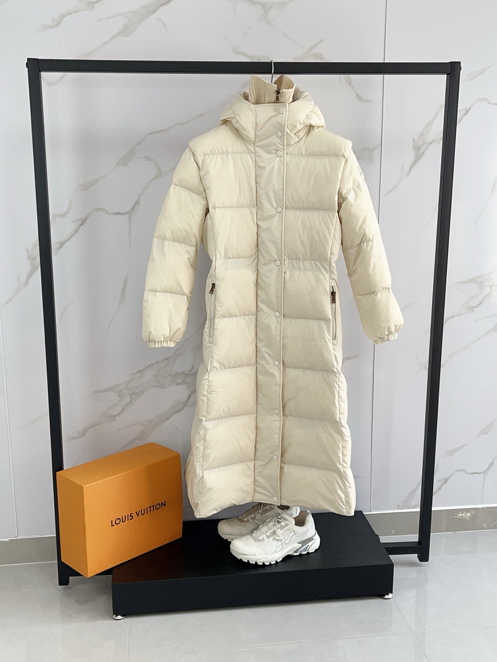 Moncler long puffer coat, cream, front zip style with attached hood
