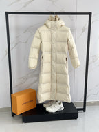 Moncler long puffer coat, cream, front zip style with attached hood
