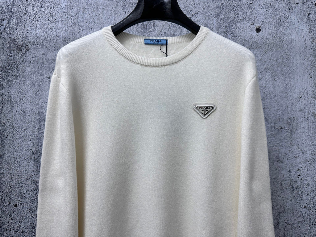 Prada cream long-sleeve sweater with crewneck and triangle PRADA logo detail