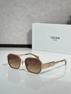 Tortoise sunglasses with brown lenses, gold-tone frame accents, round-square shape