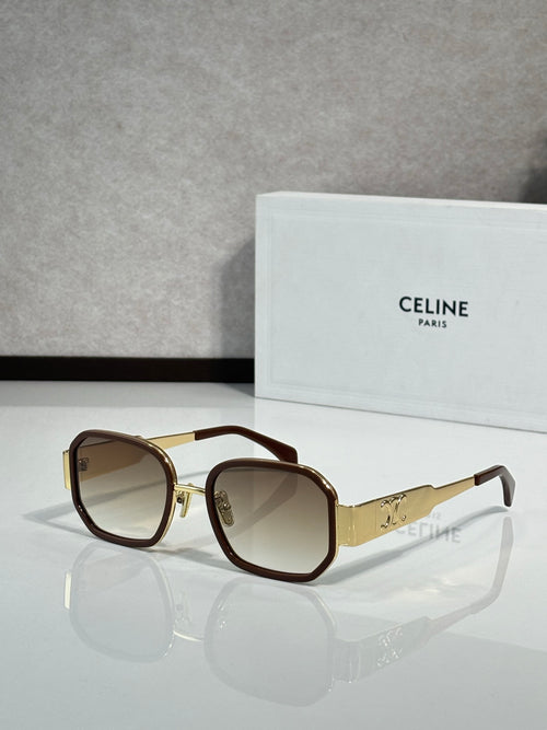 Sunglasses with brown square frames and tan lenses, gold-tone temples