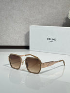 Square beige sunglasses with brown lenses and gold logo on the temple arms