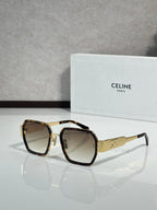 Square tortoise sunglasses with light brown lenses and gold logo on the temples