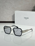 Square black sunglasses with dark gray lenses and gold logo on the temples