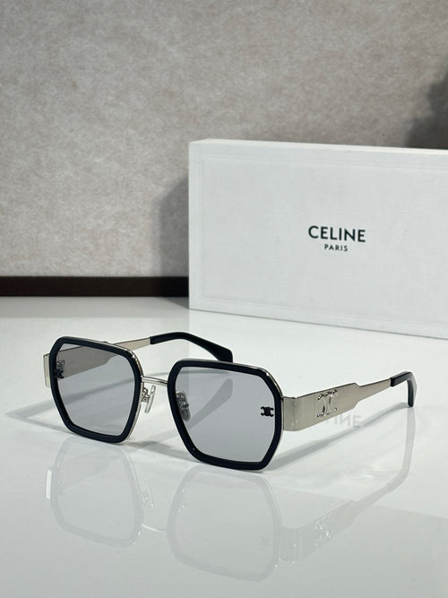 Square black sunglasses with dark gray lenses and gold logo on the temples