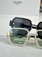 Square sunglasses pair: dark frames and light frames with tinted lenses