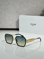 Square dark sunglasses with gold frame details and dark lenses on the temples