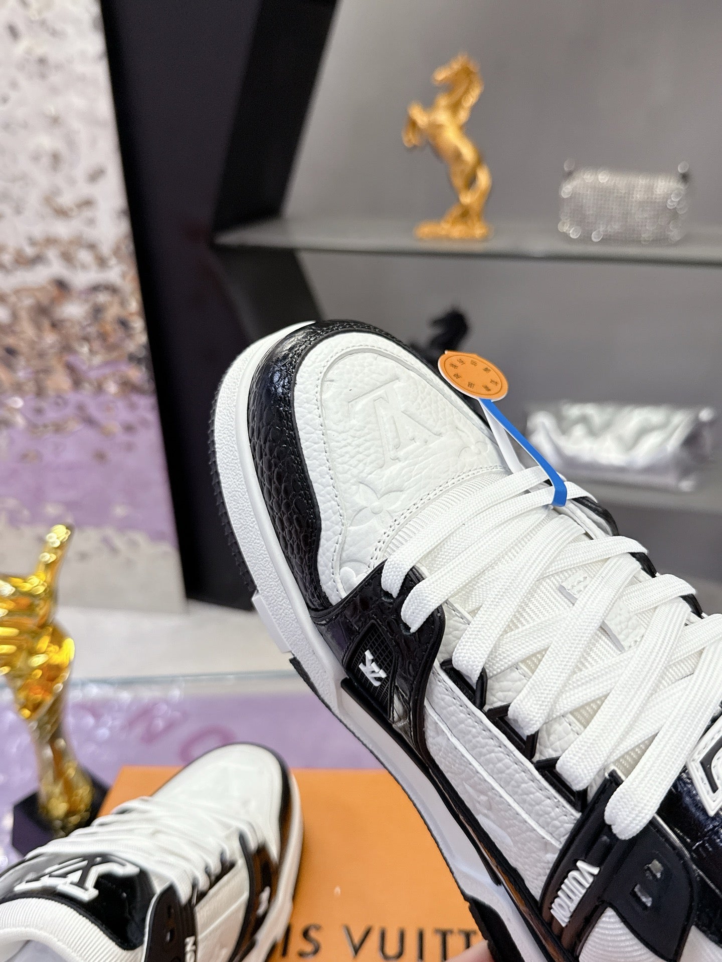 Louis Vuitton ladies sneaker close-up, white leather toe with black strap and logo.