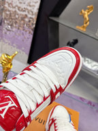 Louis Vuitton red-and-white sneaker toe and laces with embossed logo on the white panel