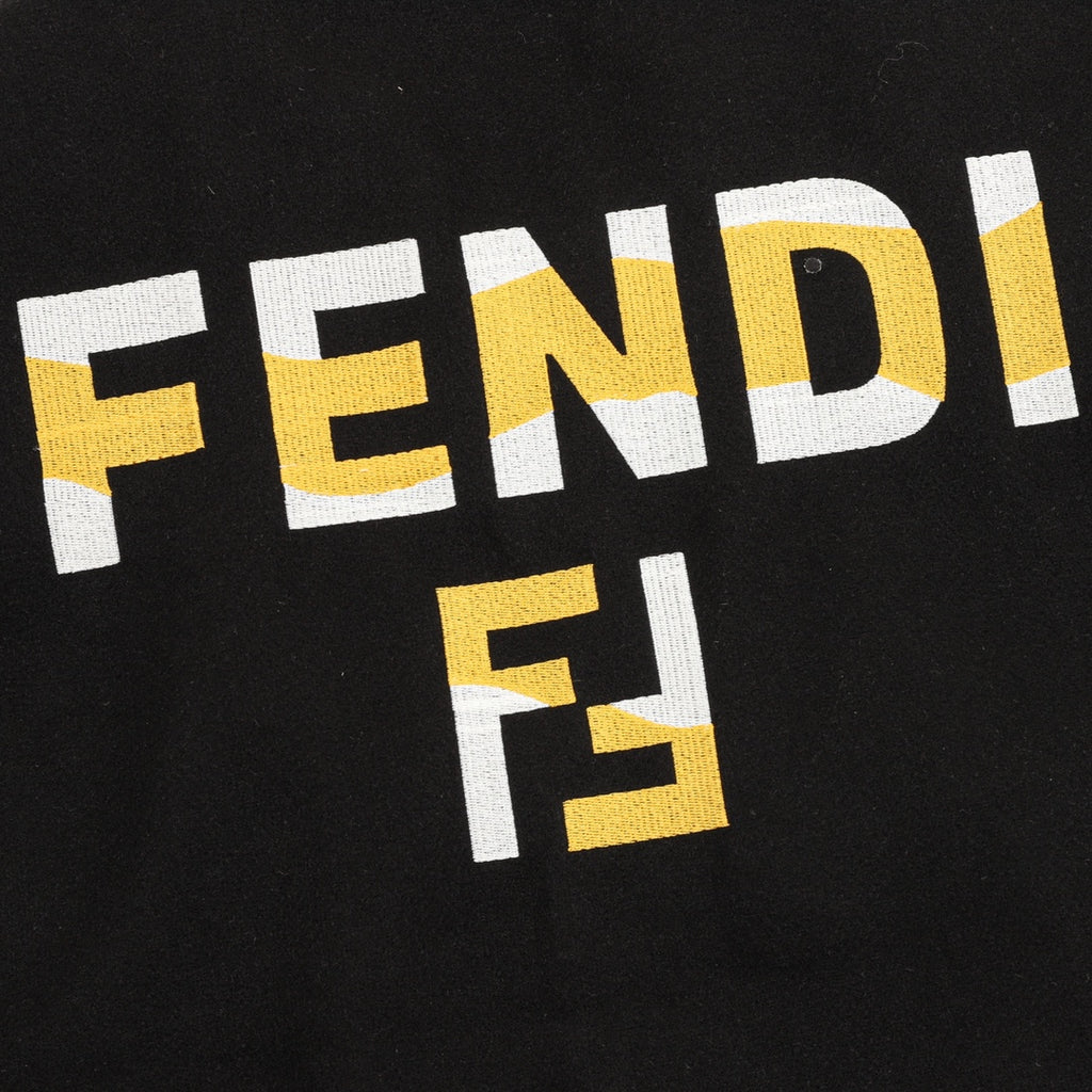 Black varsity jacket with FENDI logo lettering and yellow accents