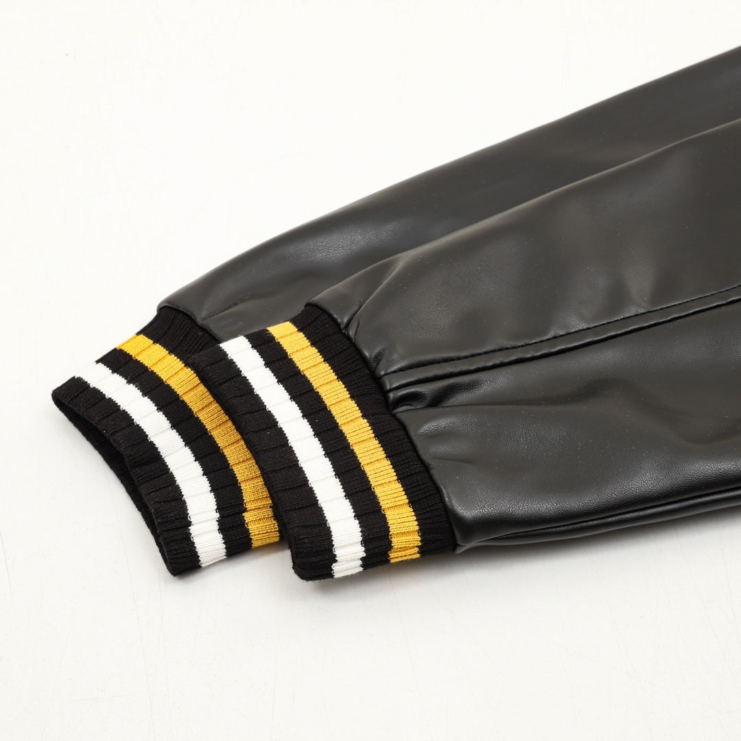 Black leather-look sleeve with ribbed yellow/white striped cuff trim