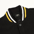 Black varsity jacket collar with ribbed stripes, snap button, and FENDI logo patch