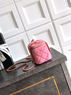 Pink quilted crossbody mini bag with gold-tone chain strap and zipper top