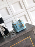 Chanel small light blue quilted shoulder bag with braided chain strap and gold hardware