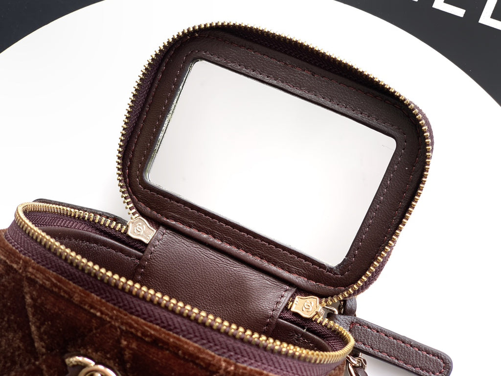 Brown zip-top mini bag with leather handle loop and gold-tone hardware