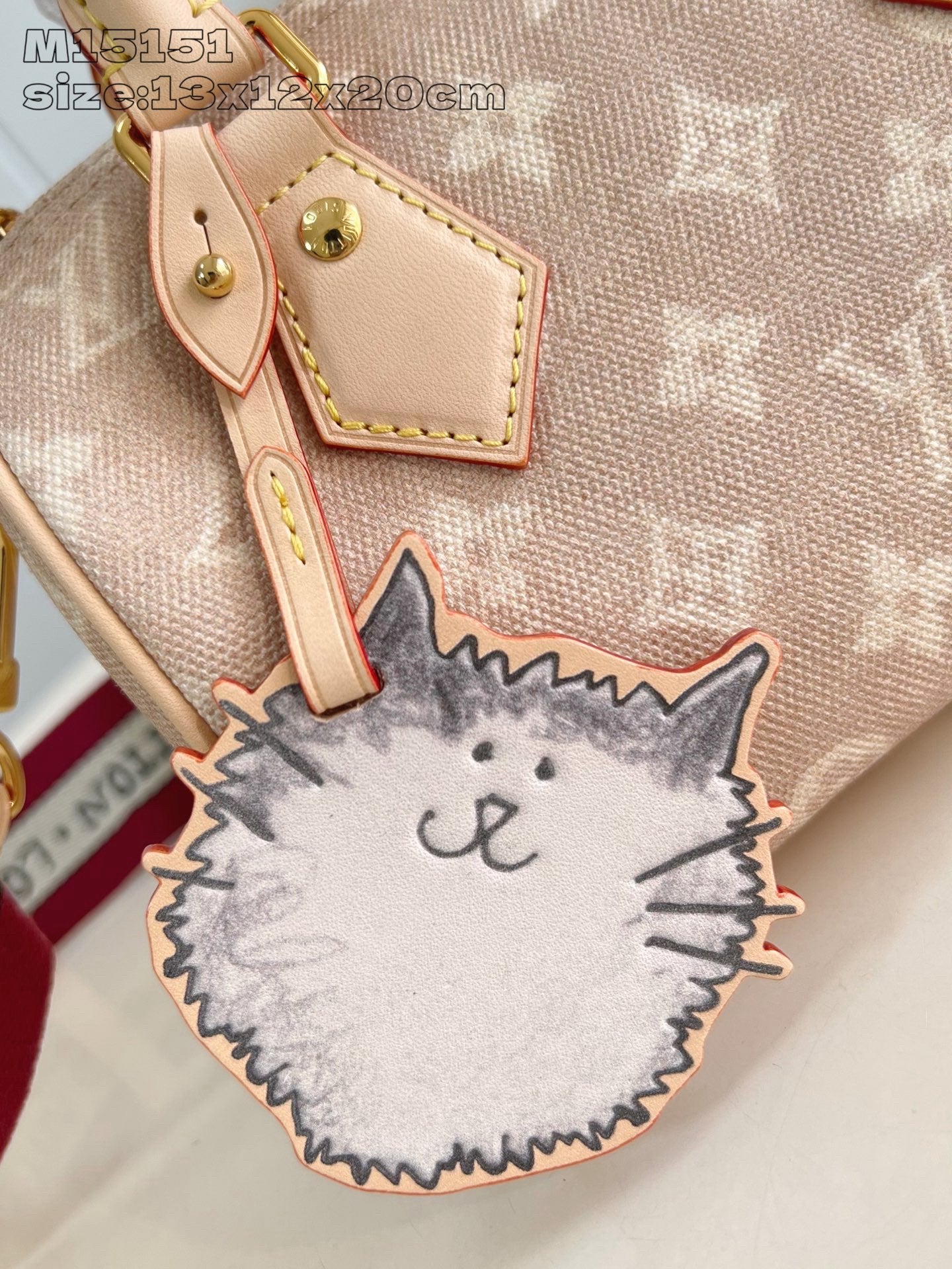 Louis Vuitton cat-shaped key pouch charm with tan and gray stitched face
