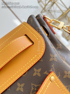 Louis Vuitton monogram handbag side view with tan flap, stitching, and embossed leather panel