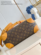 Louis Vuitton monogram handbag side view with tan trim and long adjustable shoulder strap