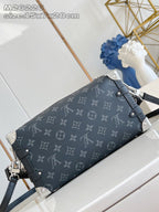 Crossbody bag with dark monogram print, flap closure, and chain shoulder strap