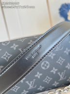 Crossbody bag strap detail with Louis Vuitton embossed logo on dark leather
