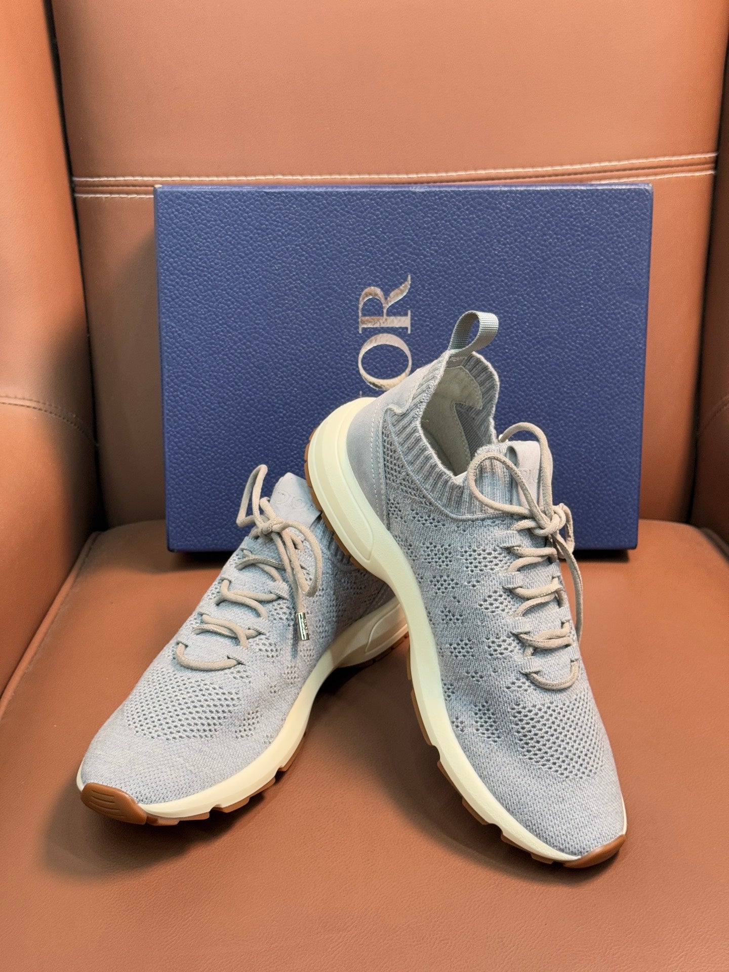 Dior unisex sneakers, light blue knit with cream sole and lace-up front
