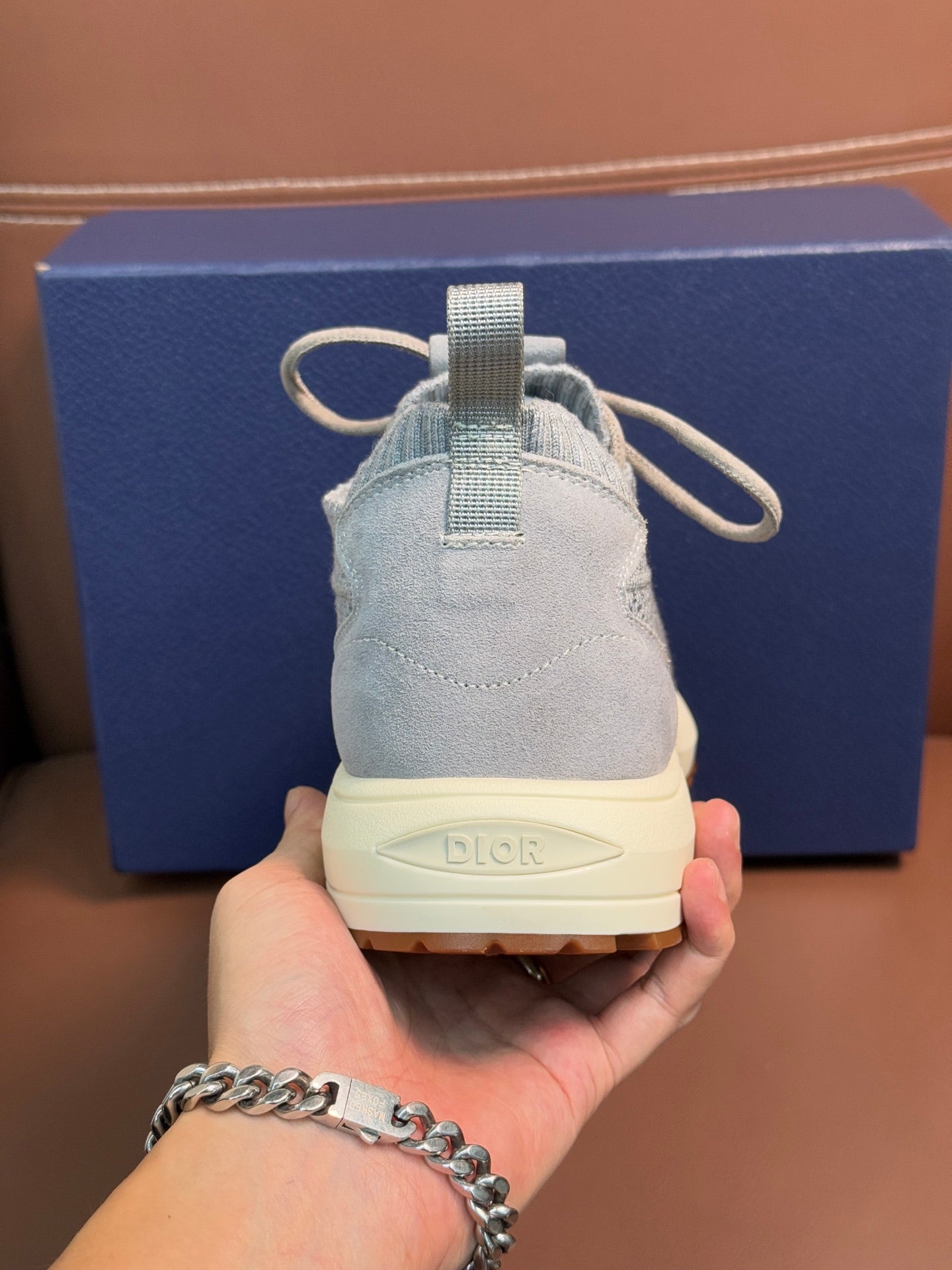 Dior unisex sneaker heel and laces, light blue knit on cream sole