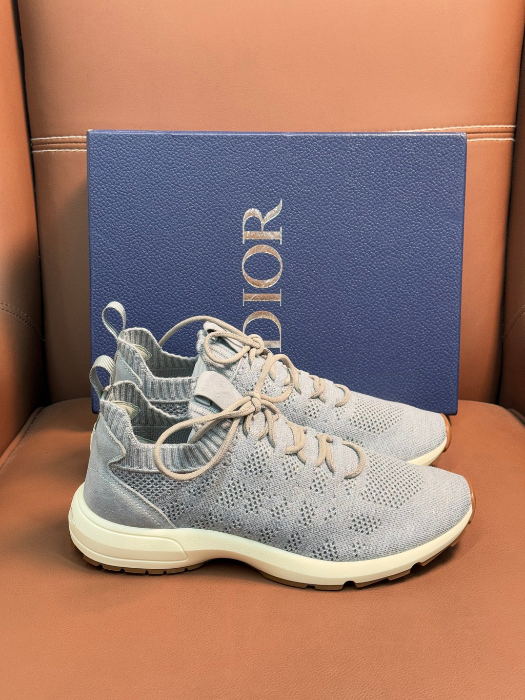 Dior unisex knit sneakers, light blue upper and cream rubber sole