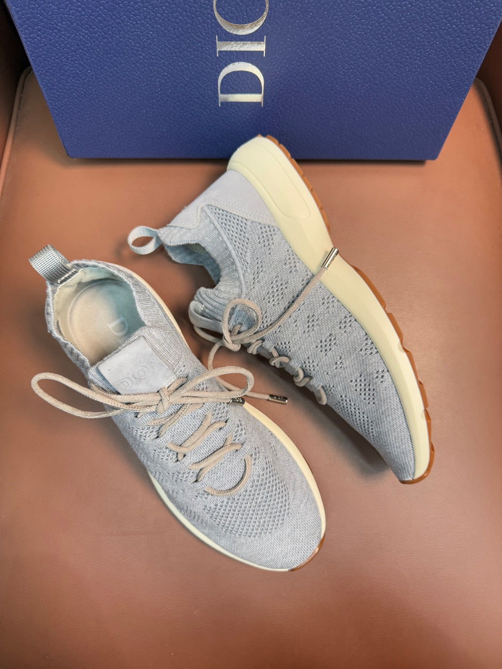 Dior unisex sneakers, light blue knit upper with beige rubber sole