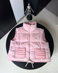 Moncler pink padded hooded gilet with front zip and drawstring hem