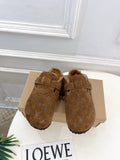 Brown Louis Vuitton monogram suede sandals with buckle straps and shearling lining