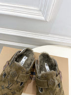 Olive green monogram sandals, shearling-lined footbed with two buckle straps