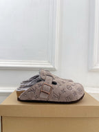 Monogram slide sandals with single strap and adjustable buckle, fuzzy lining, dark taupe