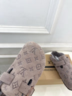 Monogram slide sandal upper in dark taupe suede with adjustable strap and buckle detail