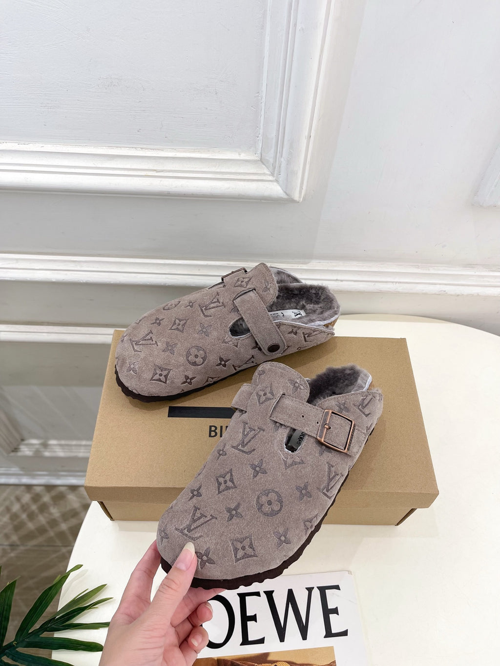 Monogram slide sandals with two buckles and fuzzy lining, dark taupe suede