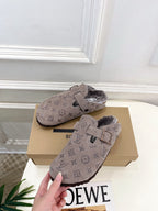 Monogram slide sandals with two buckles and fuzzy lining, dark taupe suede