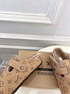 Tan Louis Vuitton monogram slide sandals with adjustable buckle and shearling-lined interior