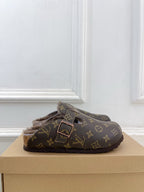 Louis Vuitton monogram slide sandal with single strap and faux-fur trim