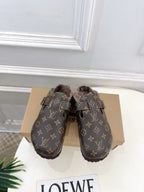 Louis Vuitton monogram sandals with faux-fur lining and adjustable buckles
